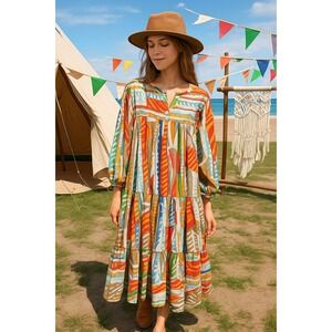 Vintage 80s Leigh Karmitz for Periphery S Abstract Print Boho Midi Dress Prairie